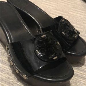 Tory Burch black patent wedge slide sandal